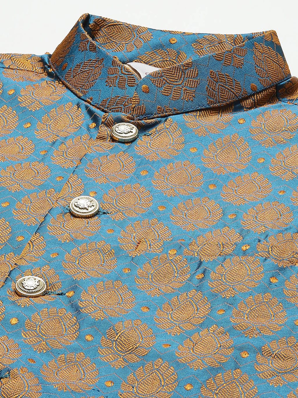 Jompers Men's Golden Dupion Silk Kurta with Churidar & Nehru Jacket ( Blue ) | Grocsy