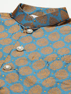 Jompers Men's Golden Dupion Silk Kurta with Churidar & Nehru Jacket ( Blue ) | Grocsy