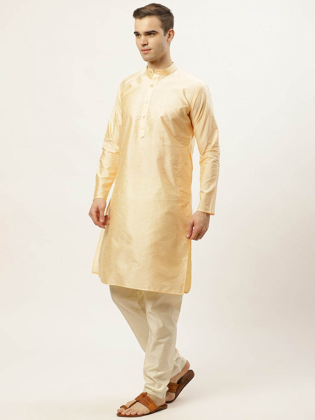 Jompers Men's Golden Dupion Silk Kurta with Churidar & Nehru Jacket ( Blue ) | Grocsy