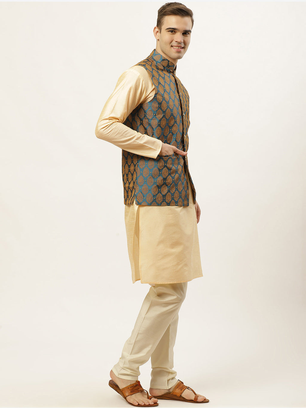Jompers Men's Golden Dupion Silk Kurta with Churidar & Nehru Jacket ( Blue ) | Grocsy