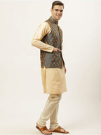 Jompers Men's Golden Dupion Silk Kurta with Churidar & Nehru Jacket ( Blue ) | Grocsy