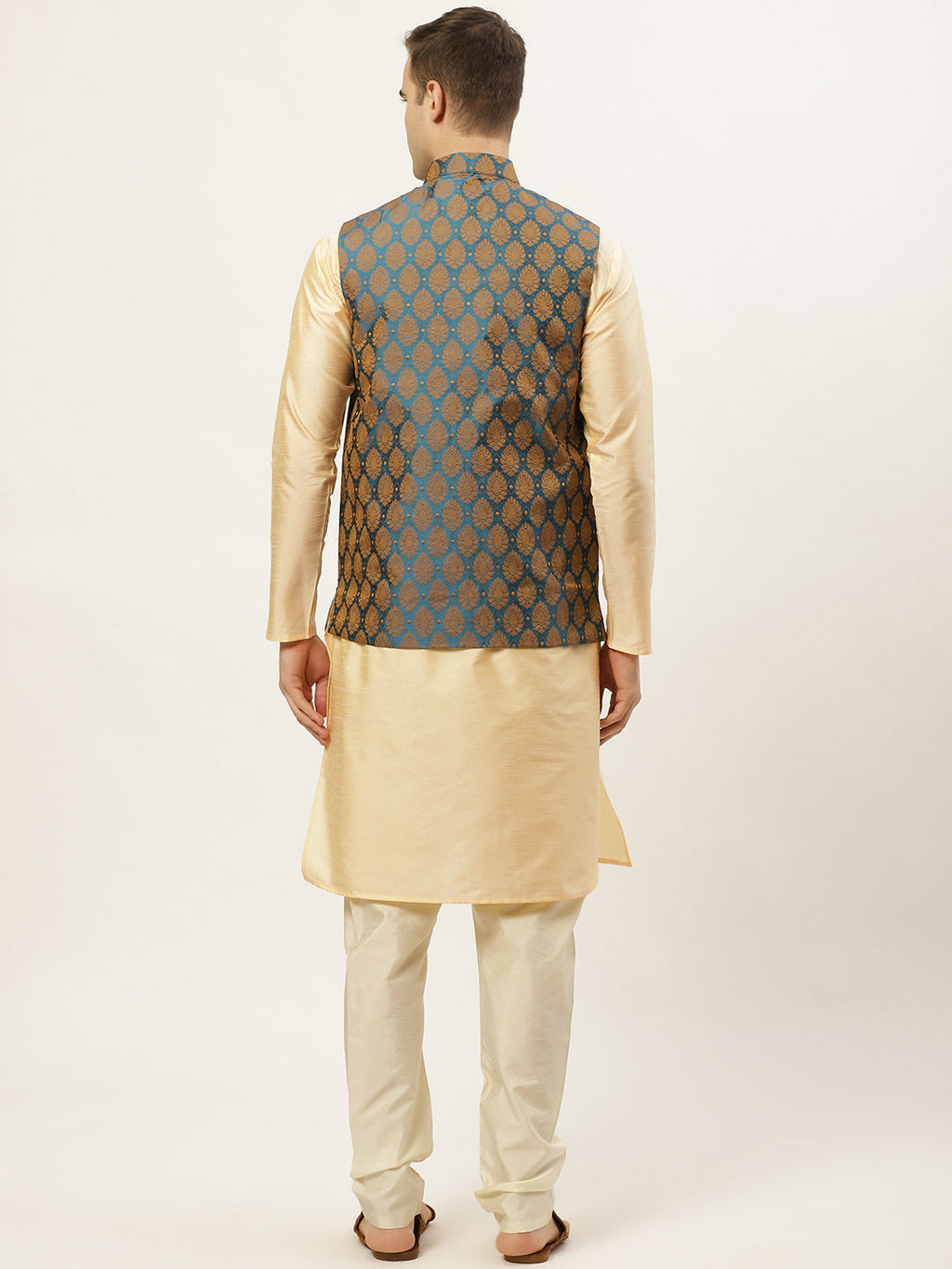 Jompers Men's Golden Dupion Silk Kurta with Churidar & Nehru Jacket ( Blue ) | Grocsy
