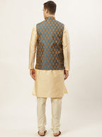 Jompers Men's Golden Dupion Silk Kurta with Churidar & Nehru Jacket ( Blue ) | Grocsy