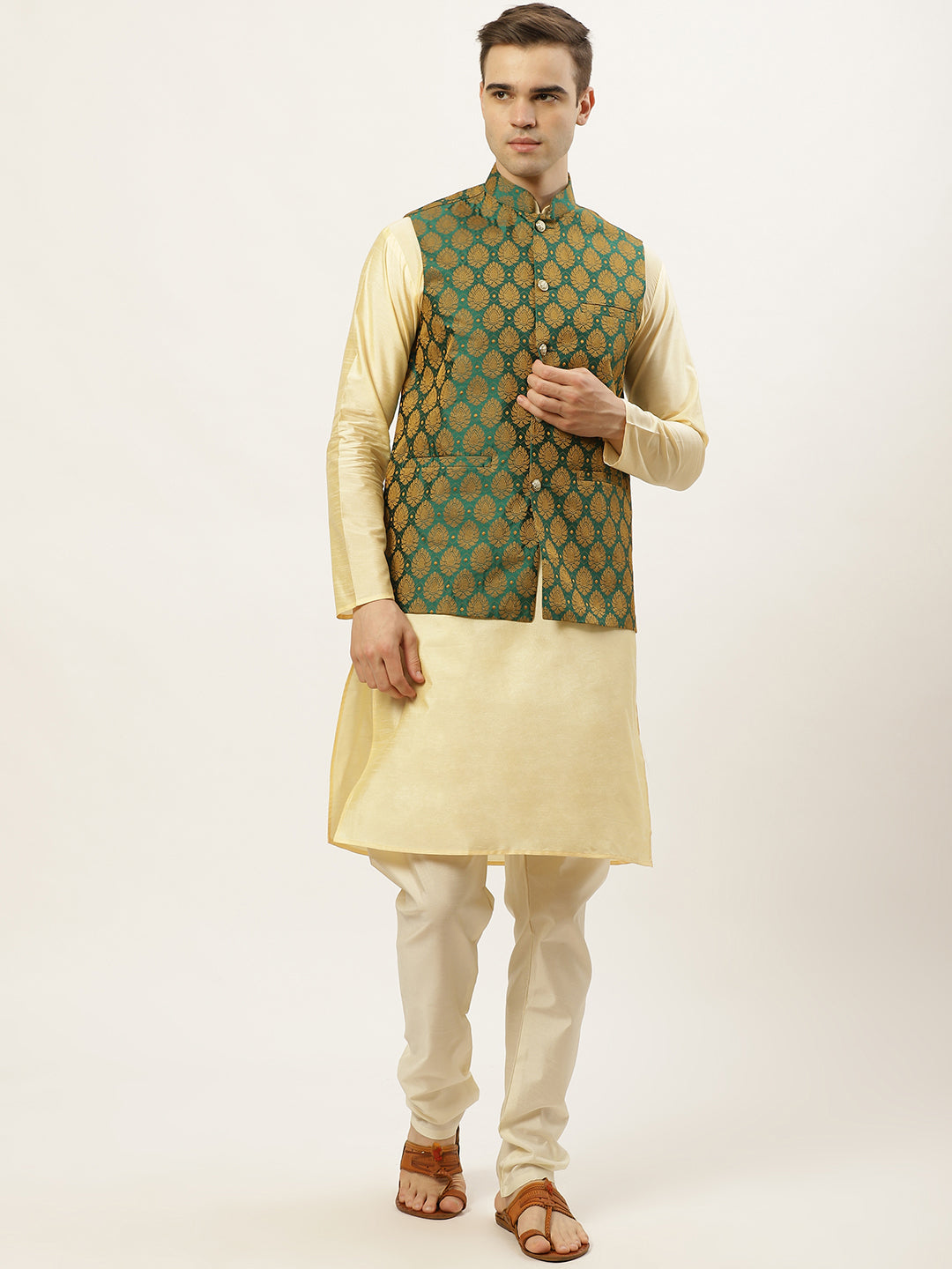 Jompers Men's Woven Design Nehru Jacket and Kurta Pyjama Set - Green | Grocsy