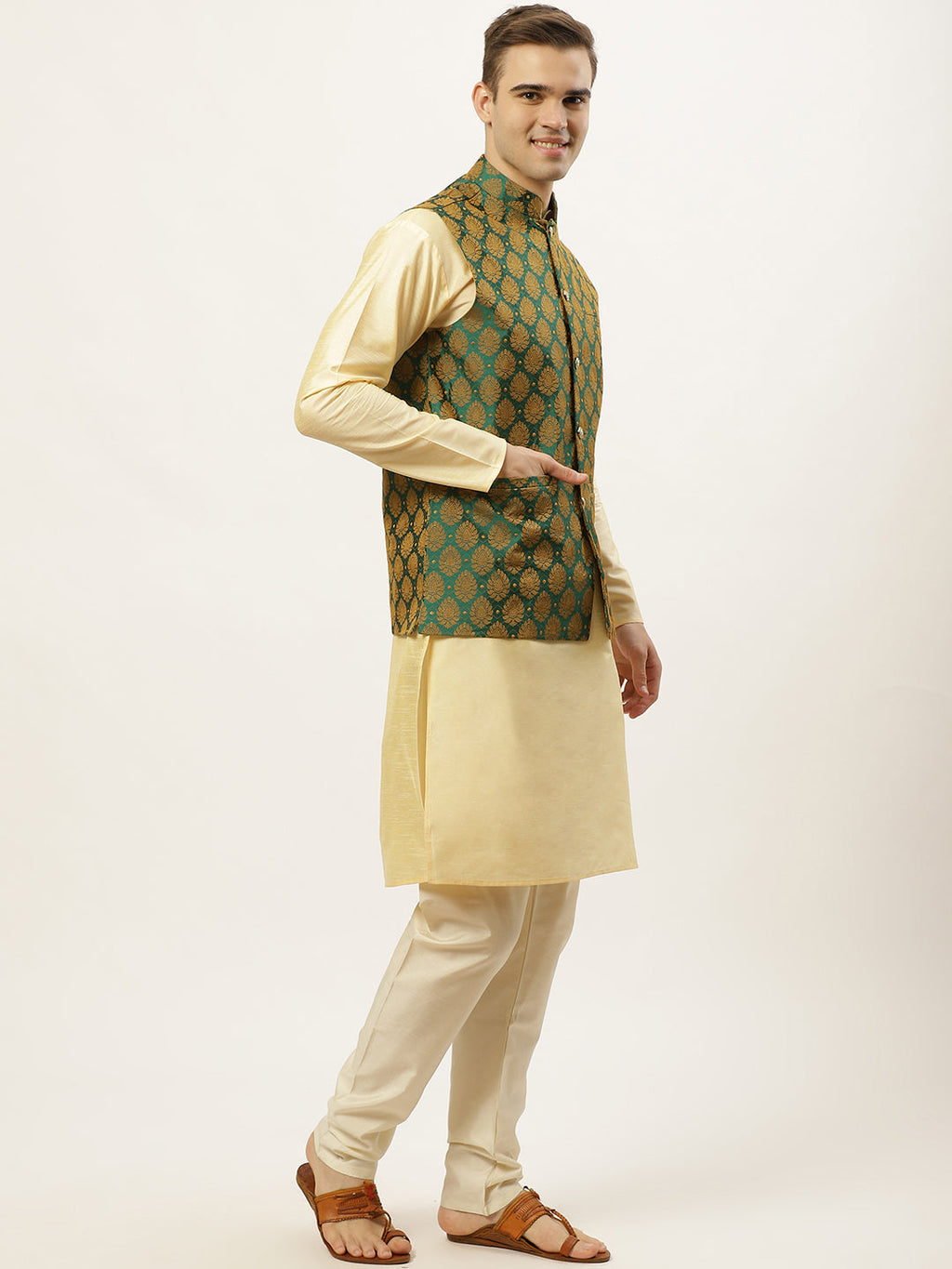 Jompers Men's Woven Design Nehru Jacket and Kurta Pyjama Set - Green | Grocsy