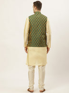 Jompers Men's Woven Design Nehru Jacket and Kurta Pyjama Set - Green | Grocsy