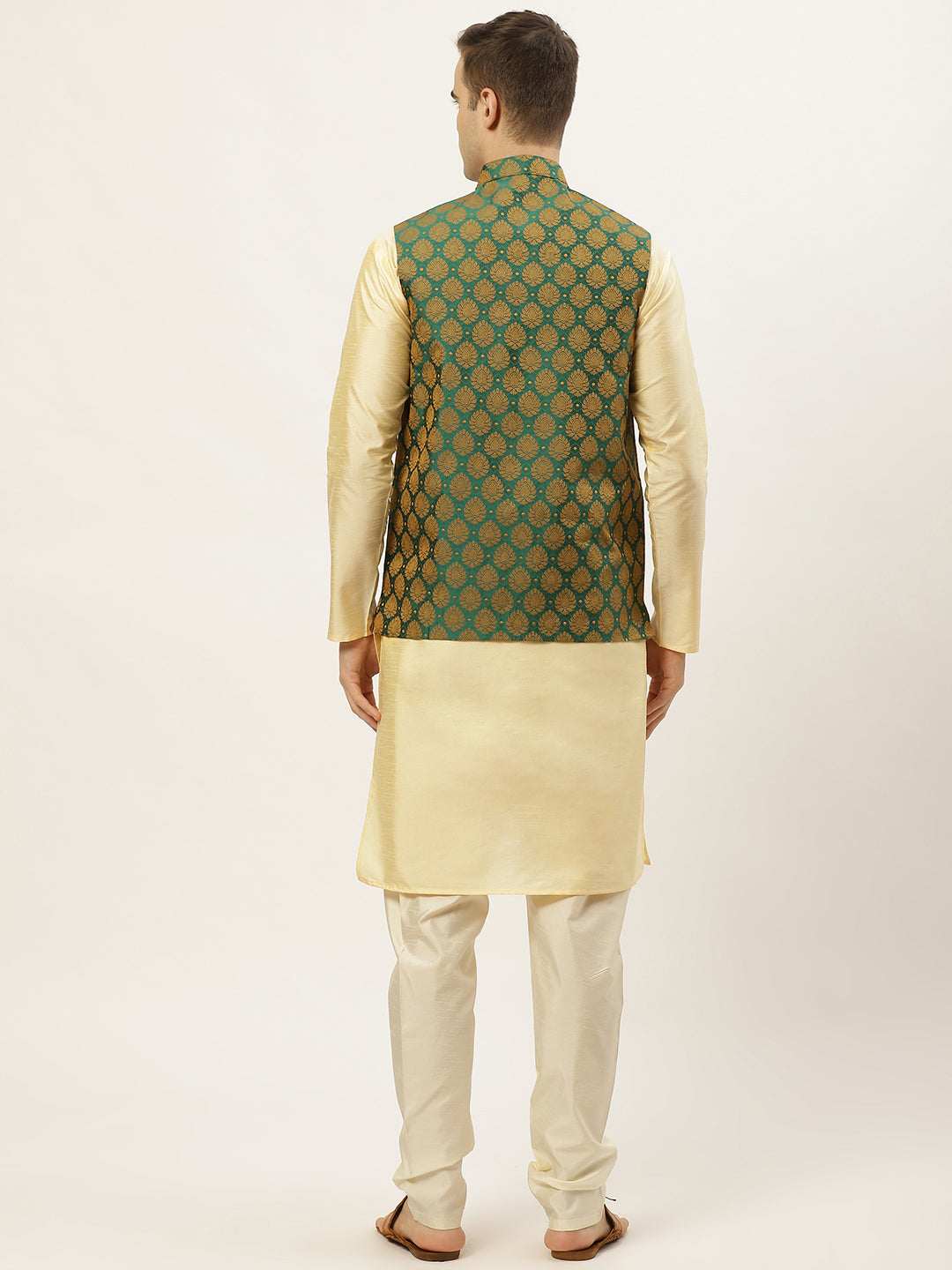 Jompers Men's Woven Design Nehru Jacket and Kurta Pyjama Set - Green | Grocsy