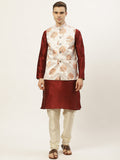 Jompers Men's Solid Dupion Kurta Pajama with Printed Nehru Jacket (White & Maroon) | Grocsy