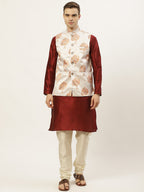 Jompers Men's Solid Dupion Kurta Pajama with Printed Nehru Jacket (White & Maroon) | Grocsy