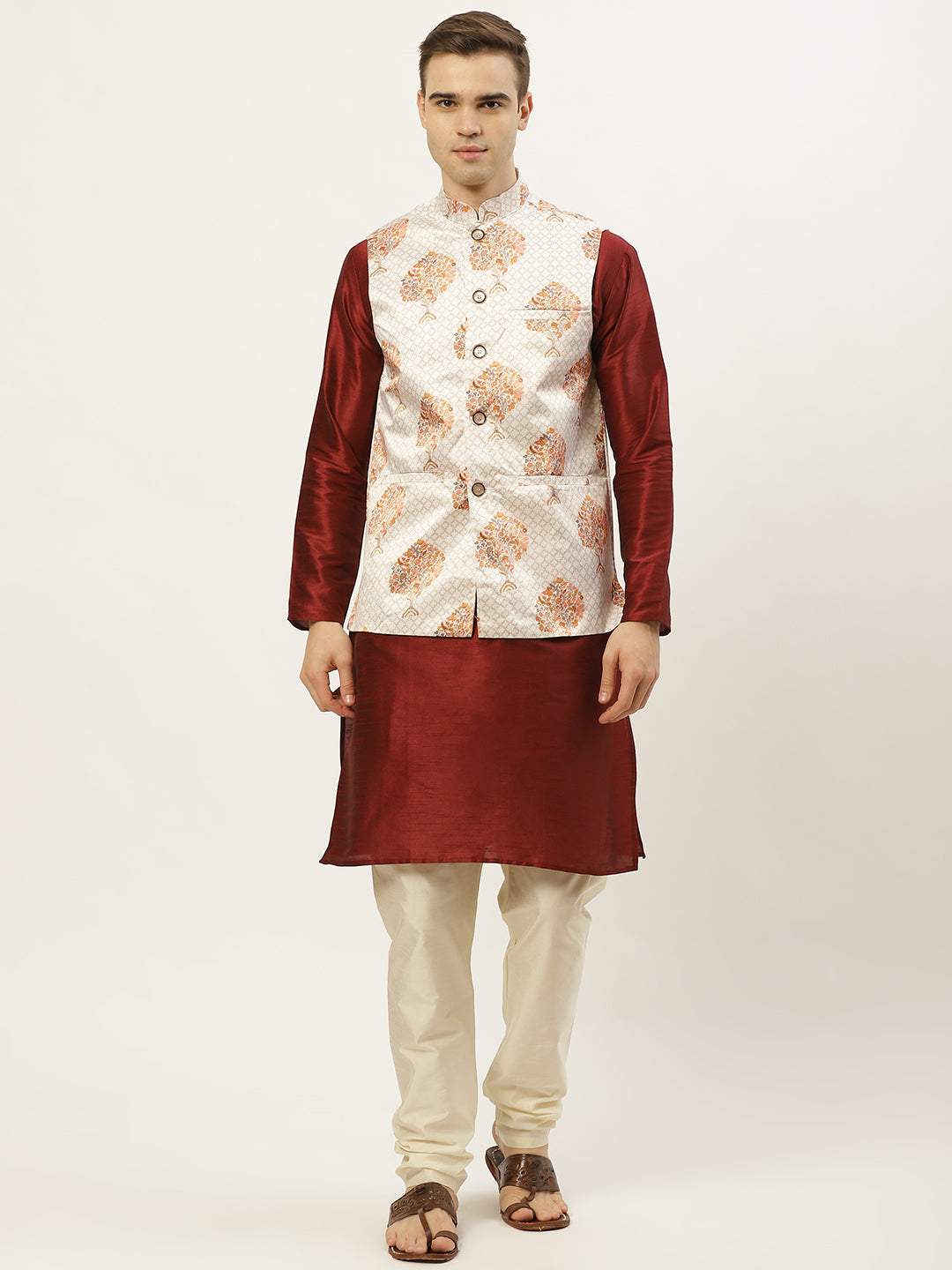 Jompers Men's Solid Dupion Kurta Pajama with Printed Nehru Jacket (White & Maroon) | Grocsy