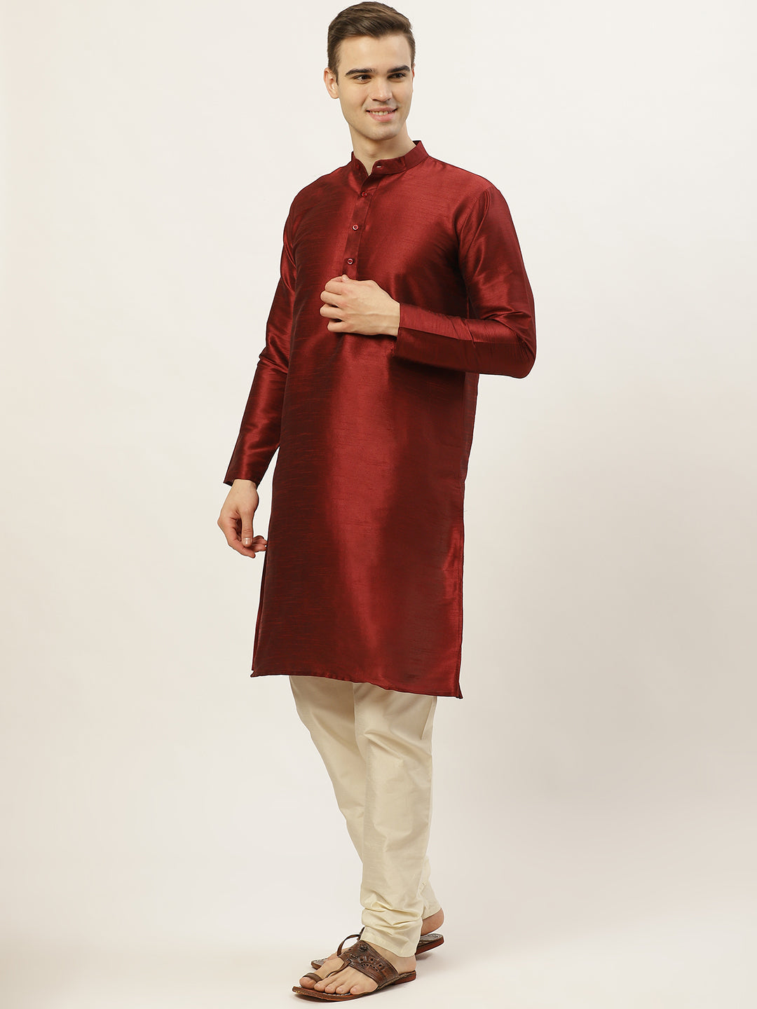 Jompers Men's Solid Dupion Kurta Pajama with Printed Nehru Jacket (White & Maroon) | Grocsy