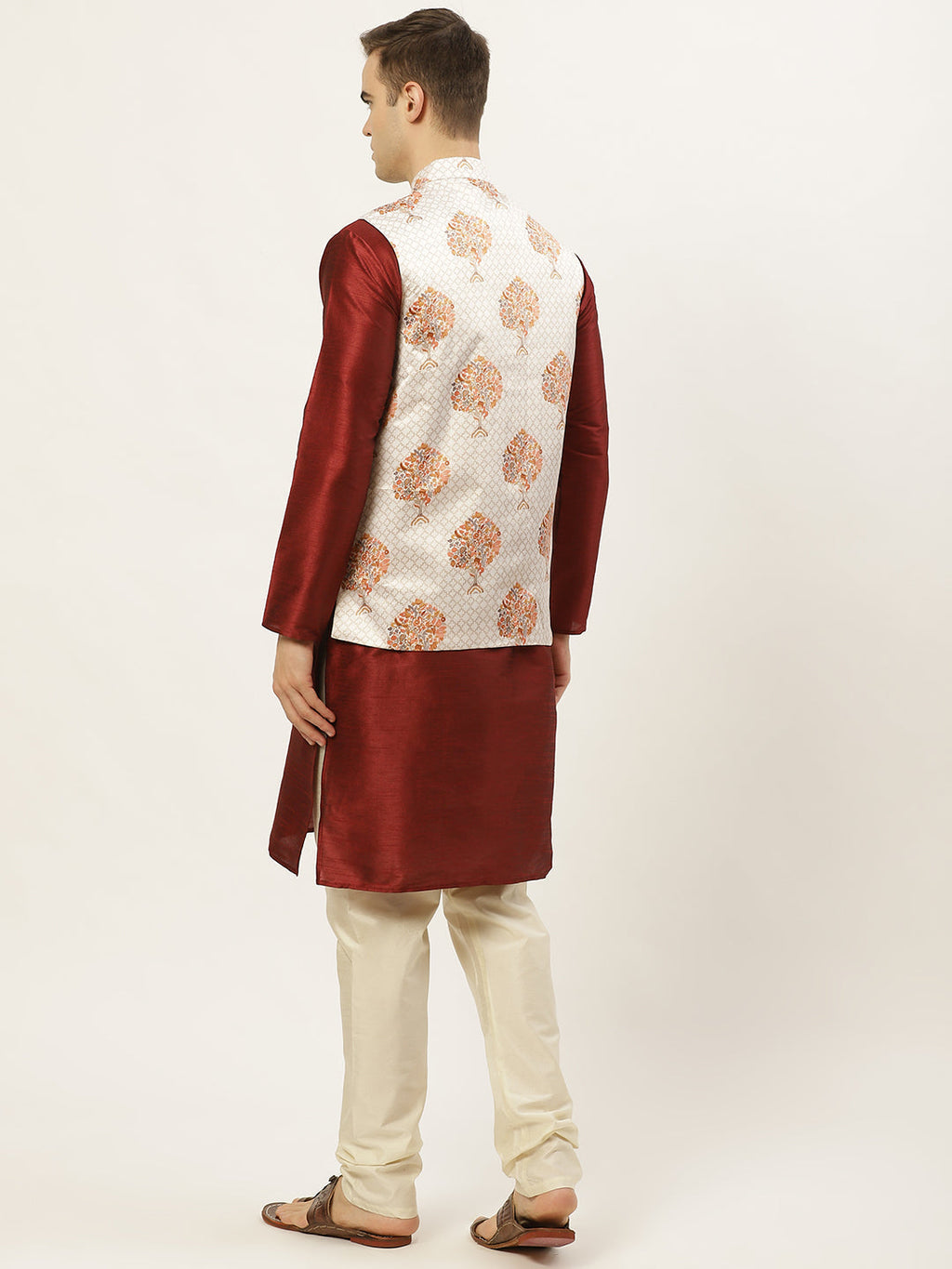 Jompers Men's Solid Dupion Kurta Pajama with Printed Nehru Jacket (White & Maroon) | Grocsy
