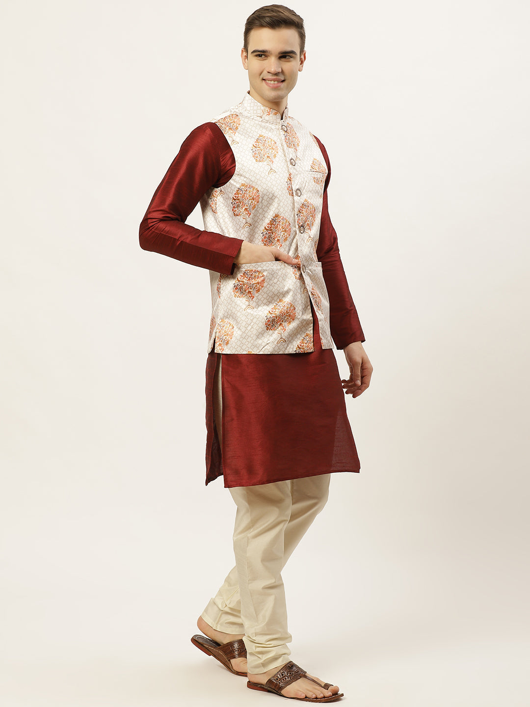 Jompers Men's Solid Dupion Kurta Pajama with Printed Nehru Jacket (White & Maroon) | Grocsy