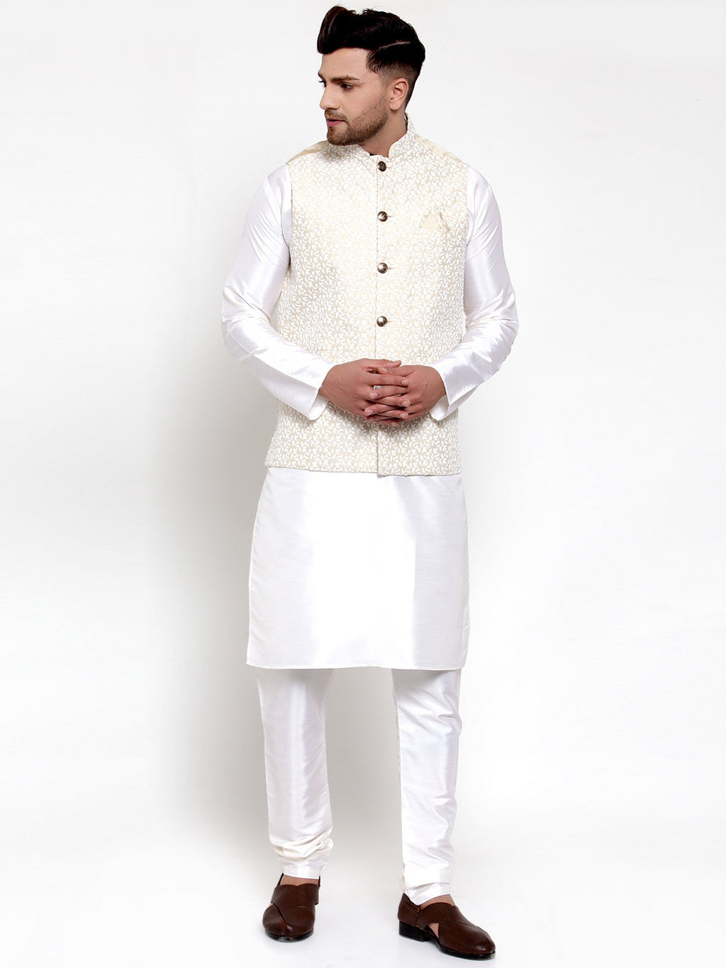 Jompers Men's Solid Dupion Kurta Pajama with Embroidered Nehru Jacket (Beige) | Grocsy