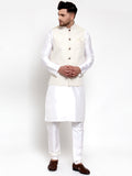 Jompers Men's Solid Dupion Kurta Pajama with Embroidered Nehru Jacket (Beige) | Grocsy