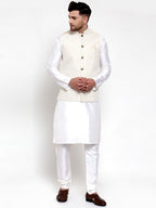 Jompers Men's Solid Dupion Kurta Pajama with Embroidered Nehru Jacket (Beige) | Grocsy