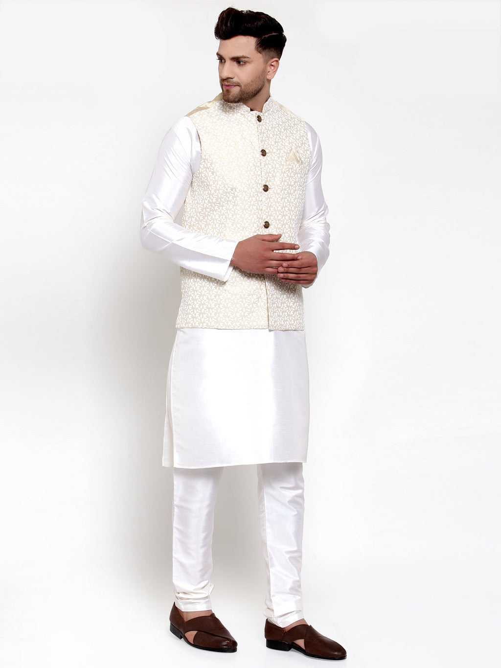 Jompers Men's Solid Dupion Kurta Pajama with Embroidered Nehru Jacket (Beige) | Grocsy