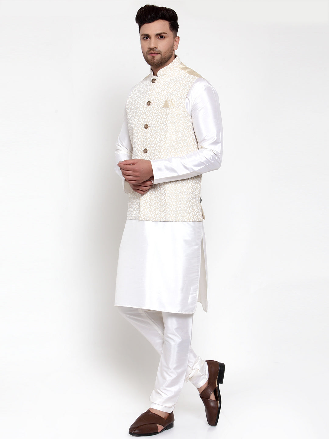 Jompers Men's Solid Dupion Kurta Pajama with Embroidered Nehru Jacket (Beige) | Grocsy