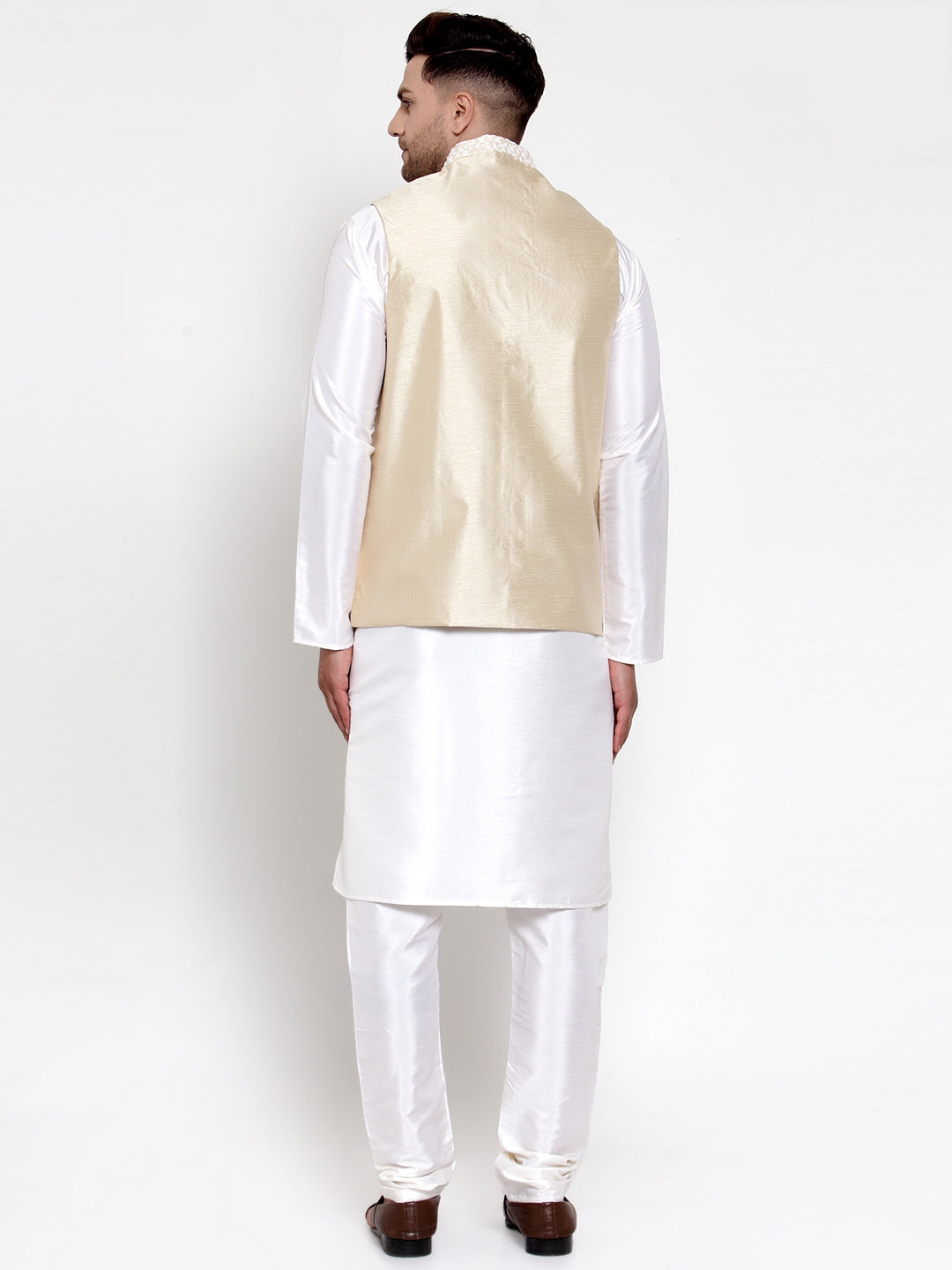 Jompers Men's Solid Dupion Kurta Pajama with Embroidered Nehru Jacket (Beige) | Grocsy