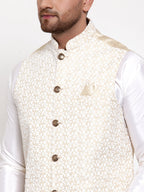 Jompers Men's Solid Dupion Kurta Pajama with Embroidered Nehru Jacket (Beige) | Grocsy