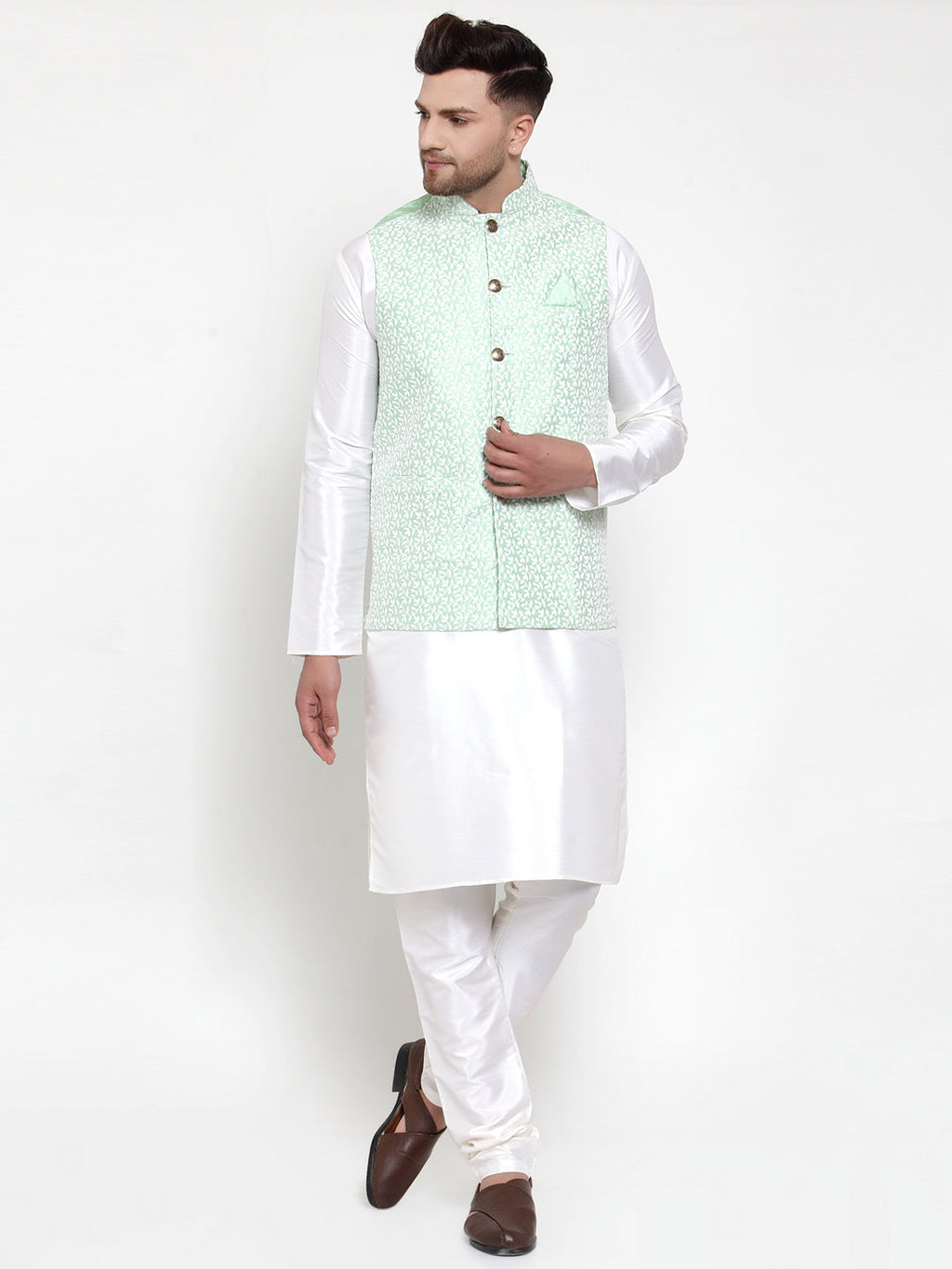 Jompers Men's Solid Dupion Kurta Pajama with Embroidered Light-Green Nehru Jacket | Grocsy