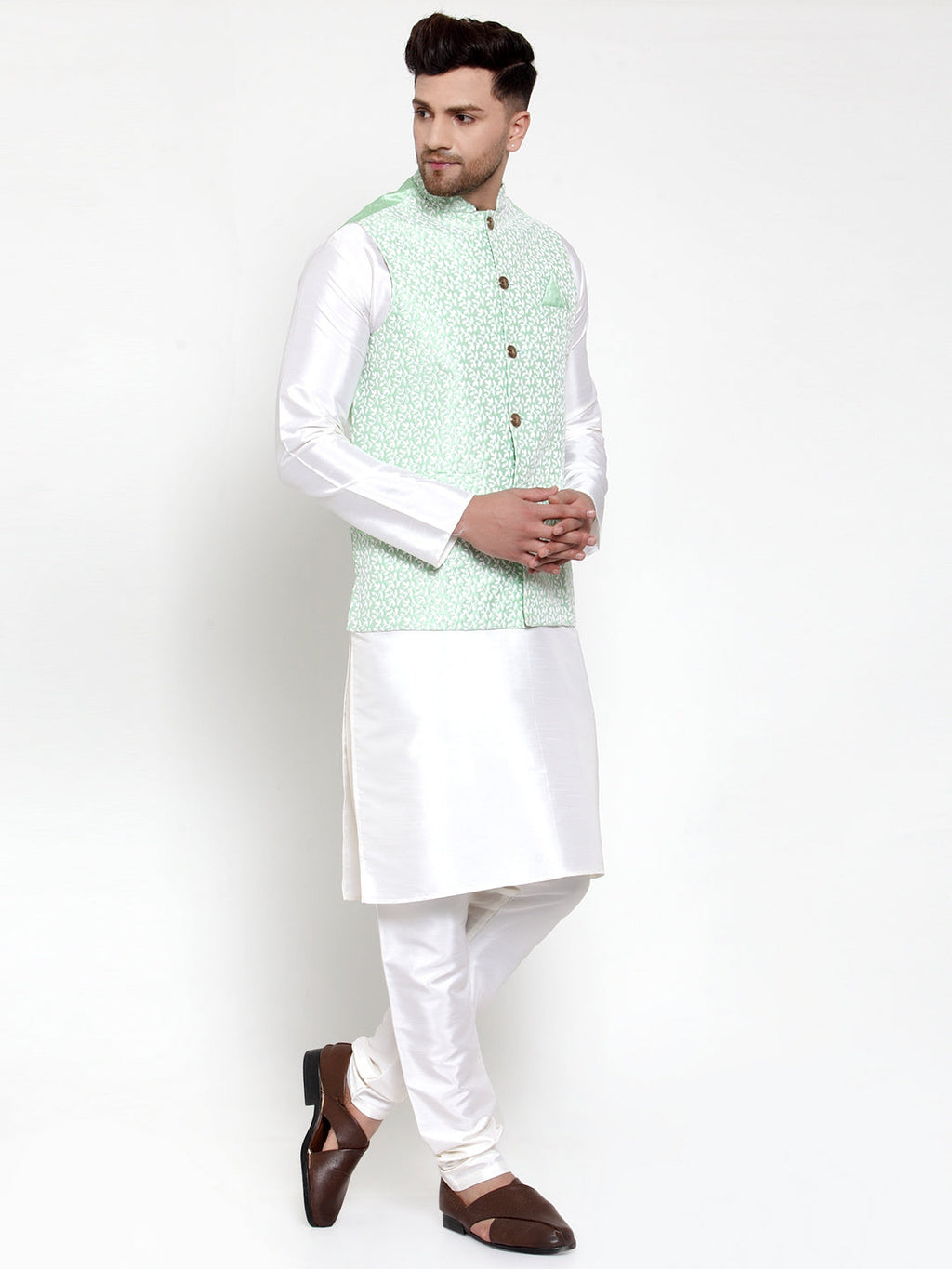 Jompers Men's Solid Dupion Kurta Pajama with Embroidered Light-Green Nehru Jacket | Grocsy