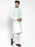 Jompers Men's Solid Dupion Kurta Pajama with Embroidered Light-Green Nehru Jacket | Grocsy