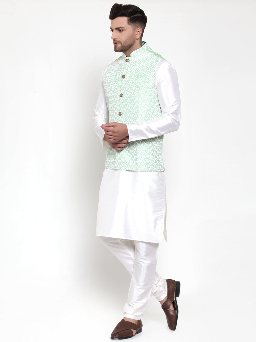 Jompers Men's Solid Dupion Kurta Pajama with Embroidered Light-Green Nehru Jacket | Grocsy
