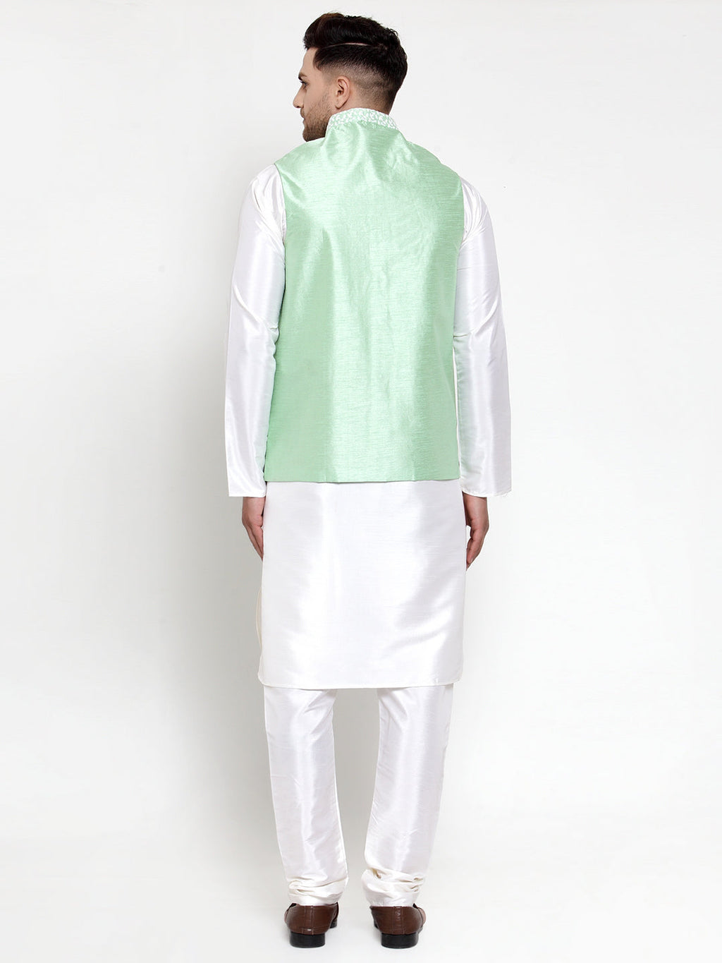 Jompers Men's Solid Dupion Kurta Pajama with Embroidered Light-Green Nehru Jacket | Grocsy