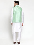 Jompers Men's Solid Dupion Kurta Pajama with Embroidered Light-Green Nehru Jacket | Grocsy