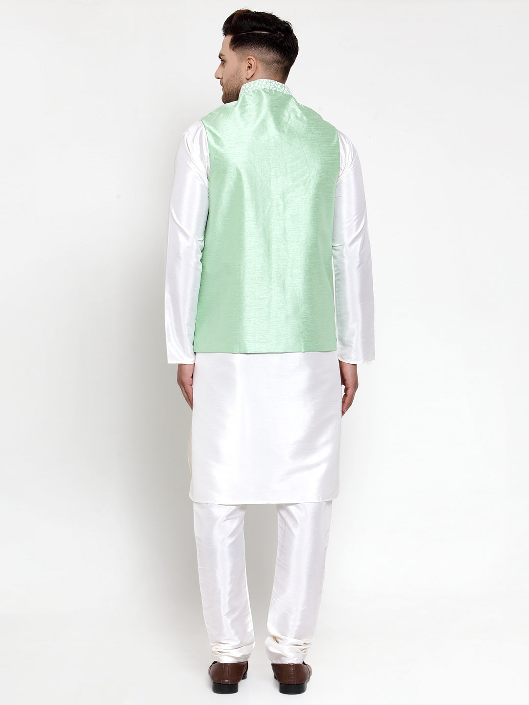 Jompers Men's Solid Dupion Kurta Pajama with Embroidered Light-Green Nehru Jacket | Grocsy