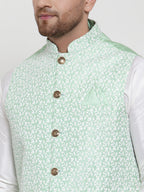 Jompers Men's Solid Dupion Kurta Pajama with Embroidered Light-Green Nehru Jacket | Grocsy