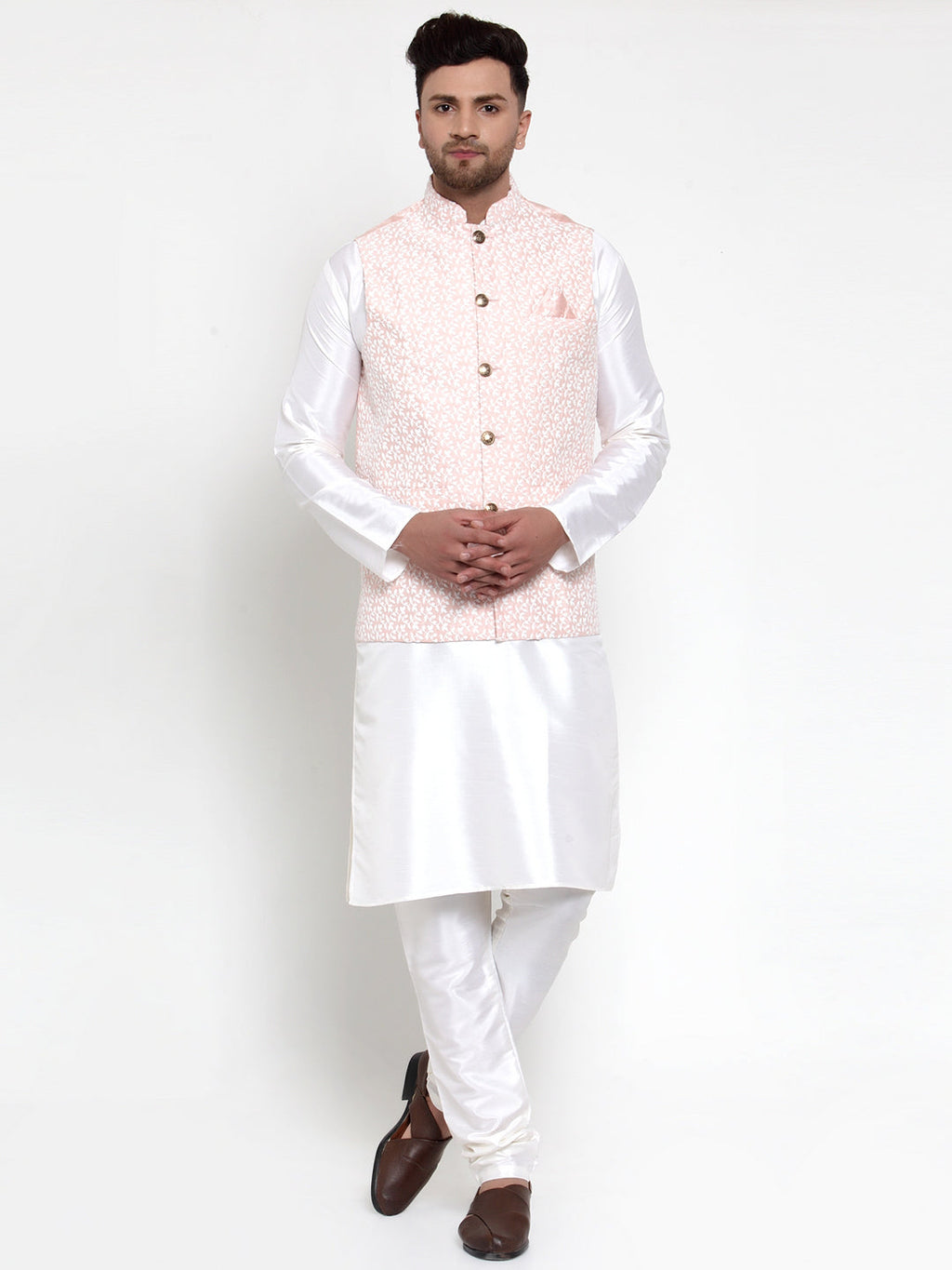 Jompers Men's Solid Dupion White Kurta Pajama with Embroidered Nehru Pink Jacket | Grocsy