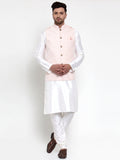 Jompers Men's Solid Dupion White Kurta Pajama with Embroidered Nehru Pink Jacket | Grocsy