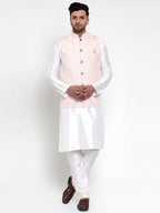 Jompers Men's Solid Dupion White Kurta Pajama with Embroidered Nehru Pink Jacket | Grocsy