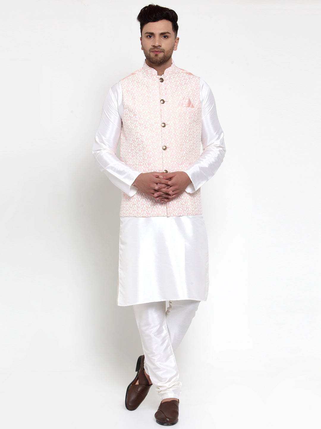 Jompers Men's Solid Dupion White Kurta Pajama with Embroidered Nehru Pink Jacket | Grocsy