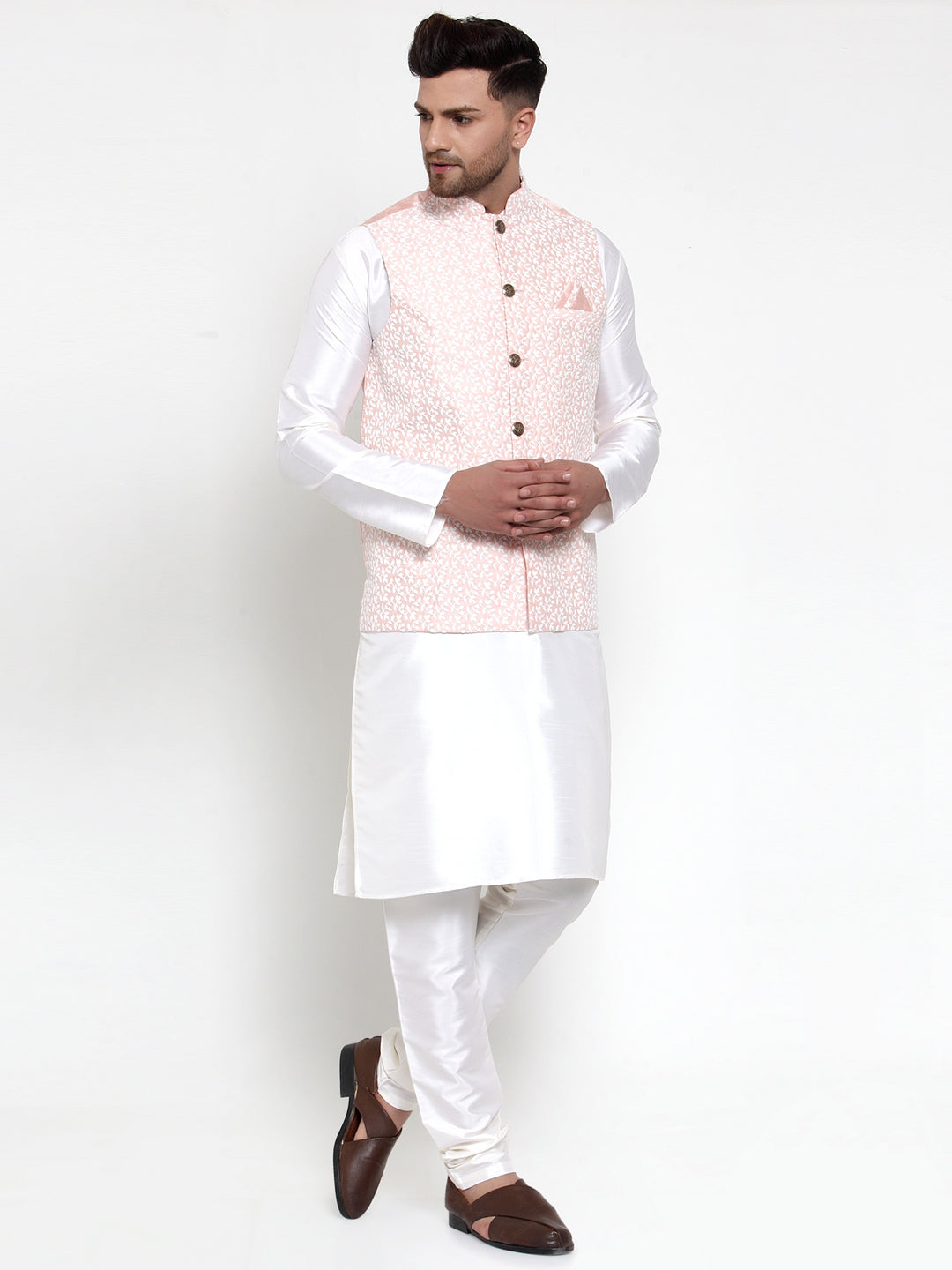 Jompers Men's Solid Dupion White Kurta Pajama with Embroidered Nehru Pink Jacket | Grocsy