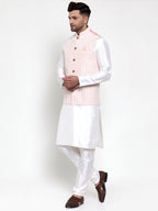 Jompers Men's Solid Dupion White Kurta Pajama with Embroidered Nehru Pink Jacket | Grocsy