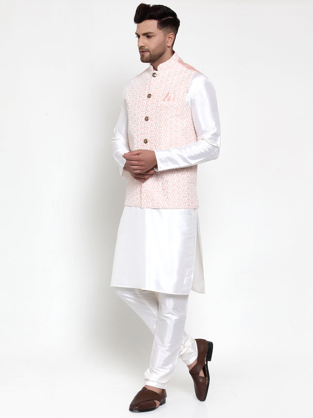 Jompers Men's Solid Dupion White Kurta Pajama with Embroidered Nehru Pink Jacket | Grocsy