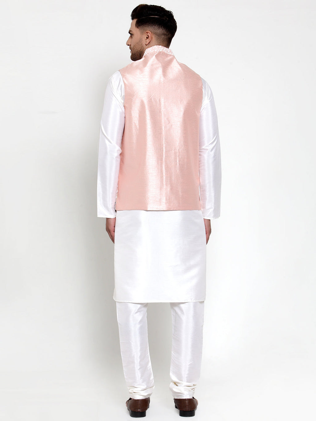 Jompers Men's Solid Dupion White Kurta Pajama with Embroidered Nehru Pink Jacket | Grocsy
