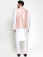 Jompers Men's Solid Dupion White Kurta Pajama with Embroidered Nehru Pink Jacket | Grocsy