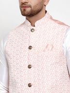 Jompers Men's Solid Dupion White Kurta Pajama with Embroidered Nehru Pink Jacket | Grocsy