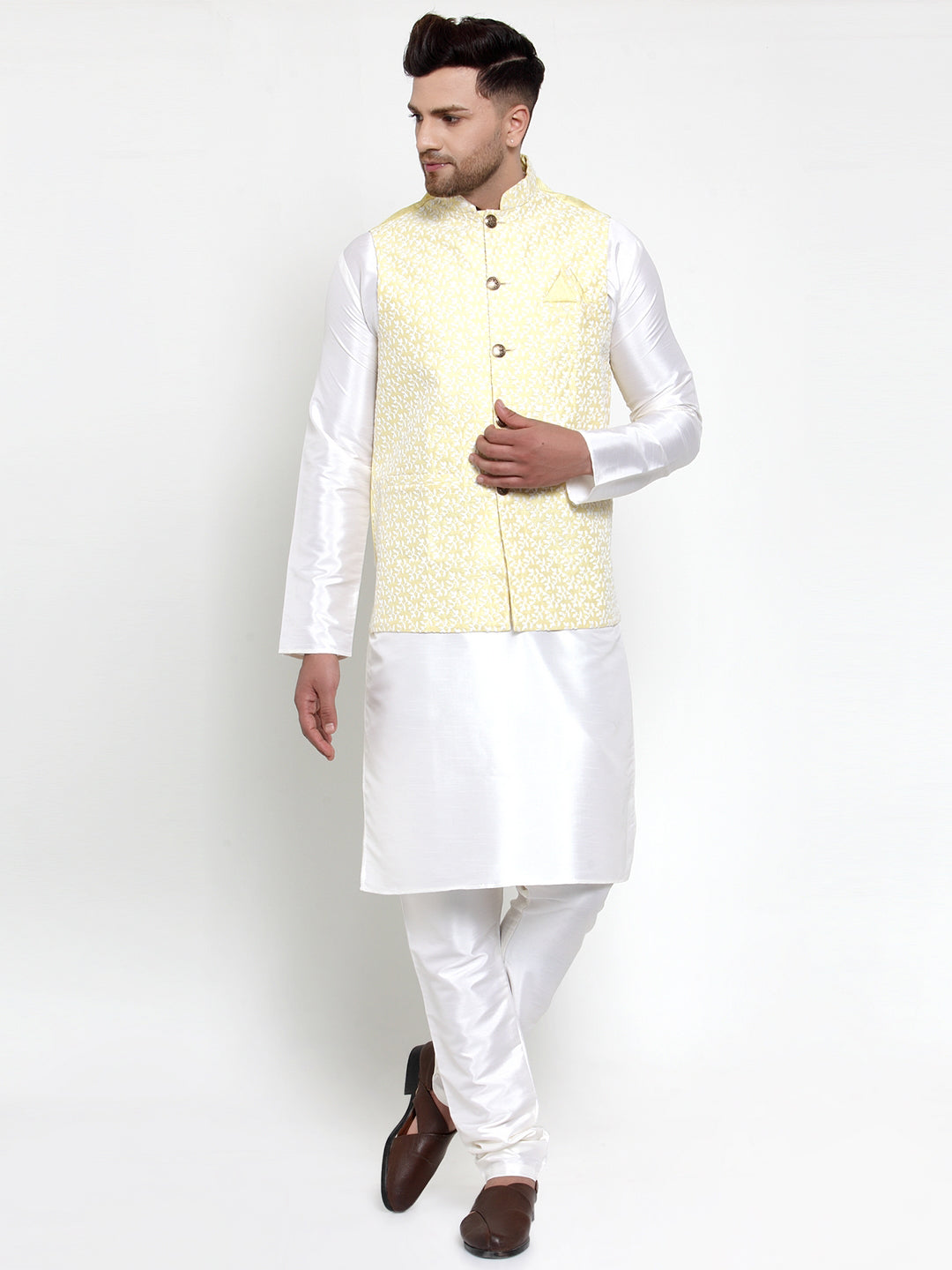 Jompers Men's Solid Dupion Kurta Pajama with Embroidered Nehru Jacket (Yellow) | Grocsy