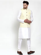 Jompers Men's Solid Dupion Kurta Pajama with Embroidered Nehru Jacket (Yellow) | Grocsy