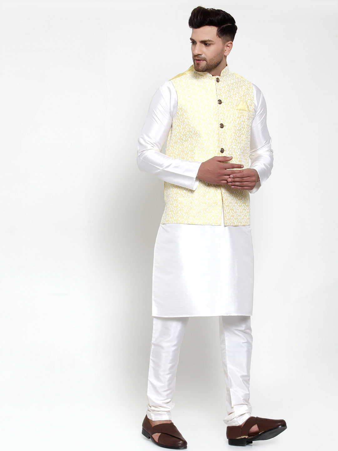 Jompers Men's Solid Dupion Kurta Pajama with Embroidered Nehru Jacket (Yellow) | Grocsy