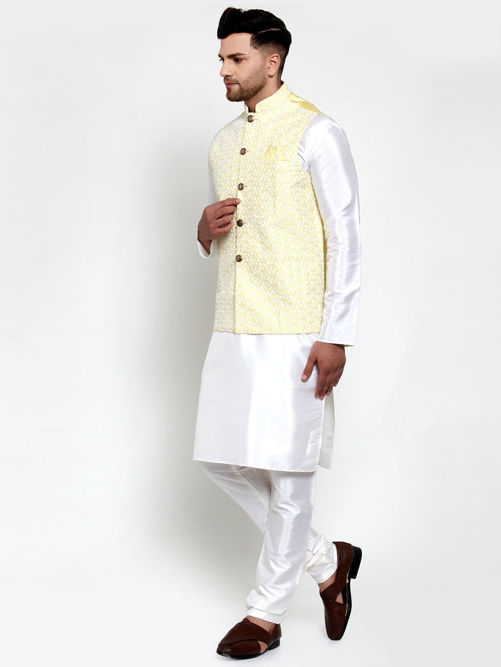 Jompers Men's Solid Dupion Kurta Pajama with Embroidered Nehru Jacket (Yellow) | Grocsy