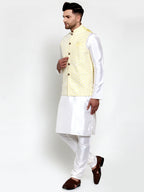 Jompers Men's Solid Dupion Kurta Pajama with Embroidered Nehru Jacket (Yellow) | Grocsy