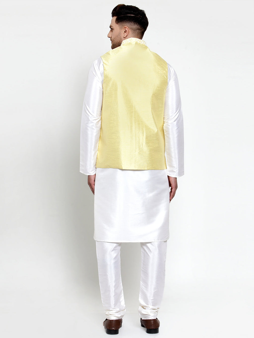 Jompers Men's Solid Dupion Kurta Pajama with Embroidered Nehru Jacket (Yellow) | Grocsy