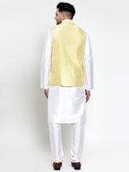 Jompers Men's Solid Dupion Kurta Pajama with Embroidered Nehru Jacket (Yellow) | Grocsy
