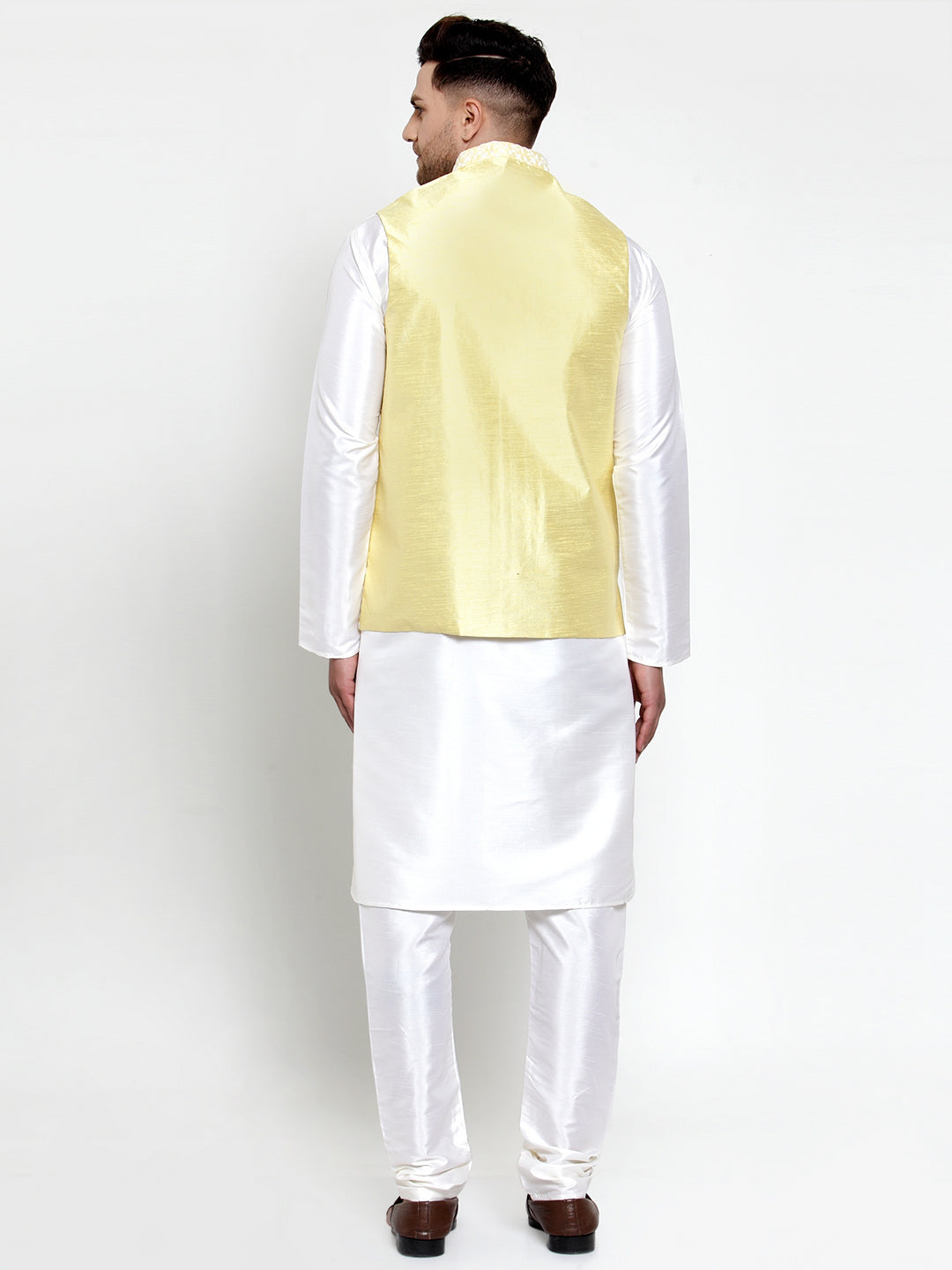 Jompers Men's Solid Dupion Kurta Pajama with Embroidered Nehru Jacket (Yellow) | Grocsy